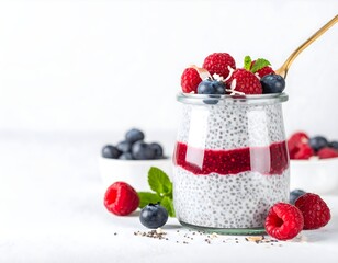 Layered Chia Seed Pudding in Glass Jar with Berries and Coconut