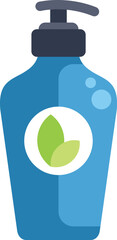 Blue dispenser bottle containing organic soap or shampoo, with green leaves on a label, promoting natural hygiene products