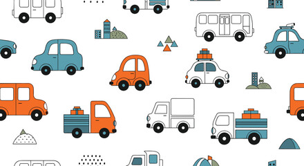 Obraz premium Seamless pattern with cute cartoon cars, trucks, and buses in a Scandinavian style, perfect for children's apparel, nursery, and textiles.