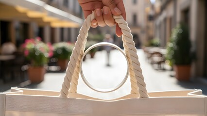 Close-up of Hand Holding Transparent Bag with Circular Handle in Urban Setting.