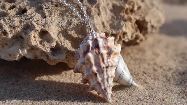 Beautiful seashell pendant displayed on sandy beach with rocky background capturing natural sunlight and intricate shell design