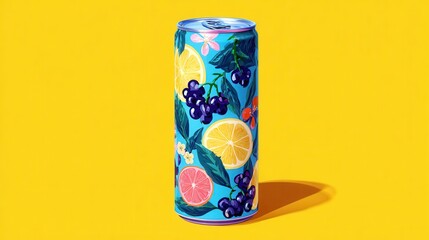 Fototapeta premium A colorful fruit infused sparkling drink can on yellow backdrop
