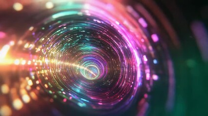 Abstract tunnel forming with rapidly moving multicolored lights, representing concepts of digital speed, data flow, futuristic technology, and communication networks - Powered by Adobe