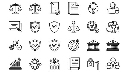 set of icons for design Black line icons set for legal, law, justice, compliance, governance, security, business management, and corporate operations.