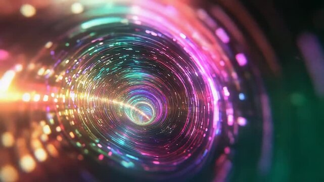 Abstract tunnel forming with rapidly moving multicolored lights, representing concepts of digital speed, data flow, futuristic technology, and communication networks