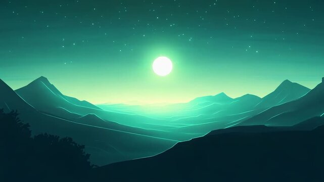 Moon glowing brightly above a stylized mountain valley with stars scattering across the teal and green night sky, creating a serene and modern nature scene
