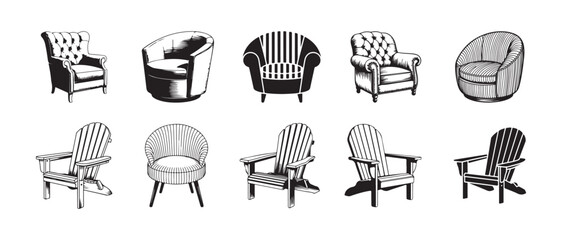 Collection of black and white engravings of antique armchairs and adirondack seats vector illustrations isolated on white