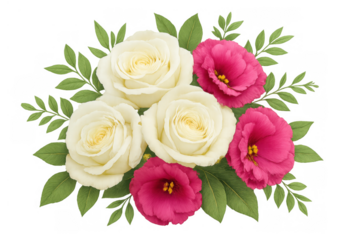 Bouquet featuring white roses and pink lisianthus with green foliage, creating a romantic floral motif. Transparent background