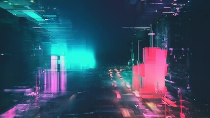Abstract digital data stream creating a vibrant tunnel effect with neon glowing lines and geometric glitch art, representing a futuristic technological concept