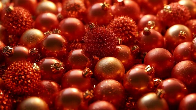 Close up view of red decorative spheres and textured beads packed tightly in repeating pattern
