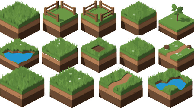 Seamless Isometric Grass Tileset: Dirt Path, Water, Fences, and Environment Blocks