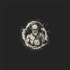 vintage engraving illustration featuring the Titan Atlas bearing the immense weight of the celestial sphere or world globe above his head