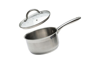 Stainless steel saucepan with lid isolated on transparent background