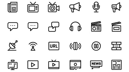 Minimalist black outline icons representing various mass media and communication channels.
