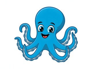 A cute blue octopus cartoon character with a happy smile on a white background.