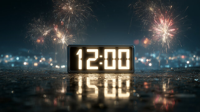 Close-up of a clock showing 12:00, surrounded by fireworks exploding around it