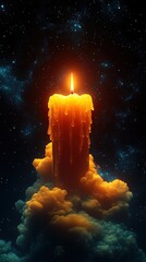 Fototapeta premium Giant candle with wax tears under starry sky: fantasy decoration scene (for fantasy design, holiday decoration, dreamy material)