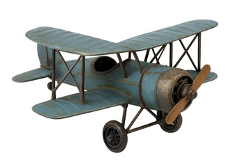 Vintage blue biplane model with a wooden propeller featuring a weathered and rustic texture, transparent background