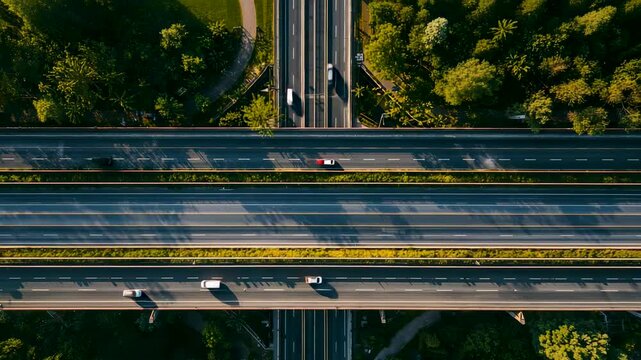 Top down aerial view of multilane highway interchange cutting through dense green forest