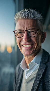 an older white man with short, graying hair, wearing glasses, a gray cardigan over a white shirt, gazing thoughtfully out a window at a blurred cityscape at sunset