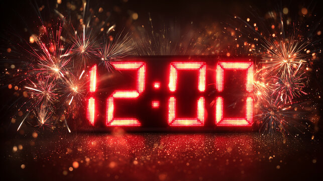 Close-up of a clock showing 12:00, surrounded by fireworks exploding around it