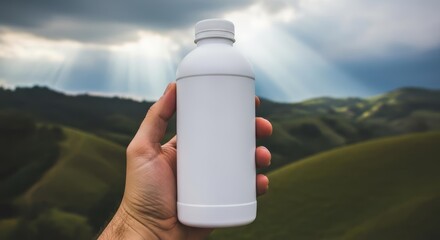 Hand Holding Blank White Bottle Against Sunlit Hills and Cloudy Sky