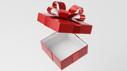 A bright red gift box with a large decorative bow is captured in mid-air as it opens, creating a sense of surprise.