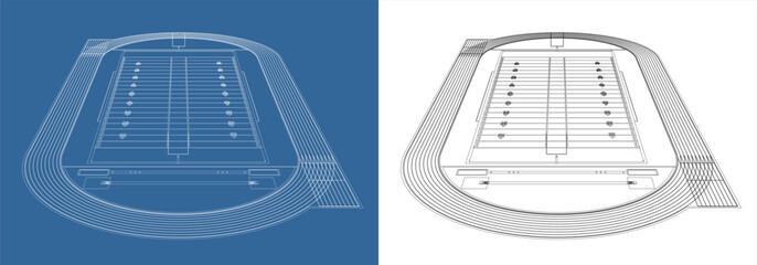 Fototapeta premium American Football Field and Track Stadium Wireframe Blueprint Illustration Low Angle Perspective