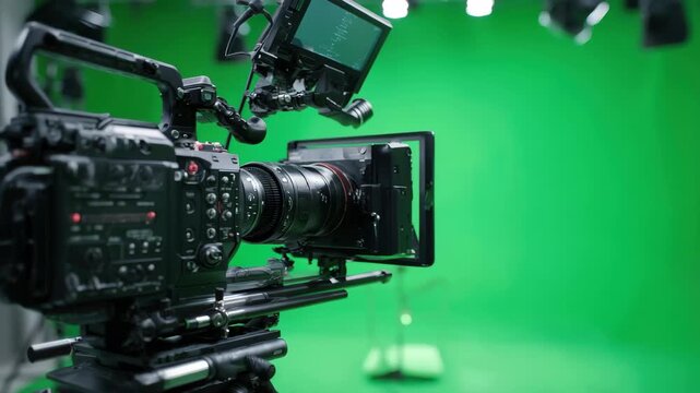 Professional camera setup for filming in a green screen studio in a creative studio environment