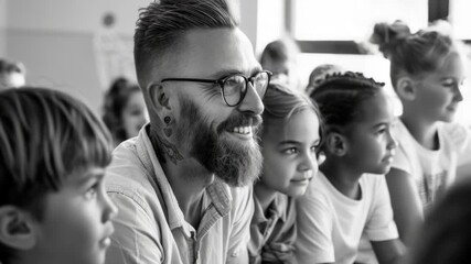 Video A man leading a lesson or discussion with a group of kids - Powered by Adobe