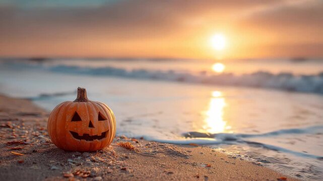 Bright orange pumpkin with a carved face sits on a sandy beach during sunset near gentle ocean waves