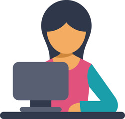 Young woman using desktop computer, flat design illustration representing online work, freelance, and smart working
