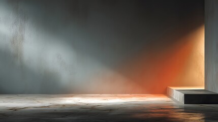 A minimalist architectural interior featuring a concrete wall and floor, illuminated by natural light, creating a serene and modern ambiance with subtle shadows and warm tones.