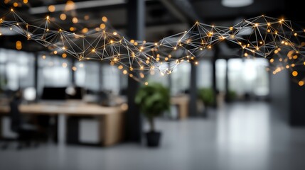 A modern office featuring abstract network connections, symbolizing digital communication and innovation in a professional environment.