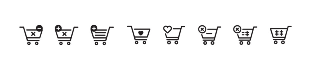 Various shopping cart icons showing addition deletion and essential actions for online purchasing interface © MdJahid