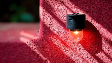 A red light bulb illuminates an exterior textured wall, casting shadows and creating a striking visual effect. The image captures the essence of architecture and lighting design.