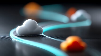 Abstract representation of cloud computing technology with stylized cloud symbols on a digital path
