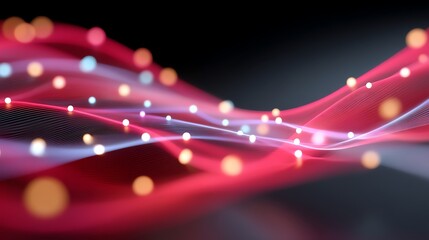 Abstract visualization of colorful, flowing data waves with glowing dots representing digital connections and technology in a futuristic design on a dark background.
