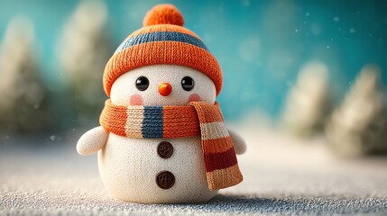 Adorable snowman dressed in a colorful hat and scarf, standing cheerfully in a winter wonderland. Snowflakes gently fall, adding magic to the serene snowy landscape.