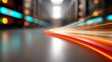Dynamic abstract image showcasing a blurred effect in a data center, highlighting speed and energy in a modern tech environment.