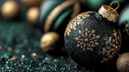 Elegant black and gold Christmas ornament with intricate designs, placed on a dark shimmering surface. Perfect for holiday decoration and festive themes.