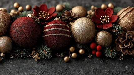Elegant Christmas arrangement with red ornaments, pinecones, and flowers on a dark background, perfect for festive decorations and holiday themes.