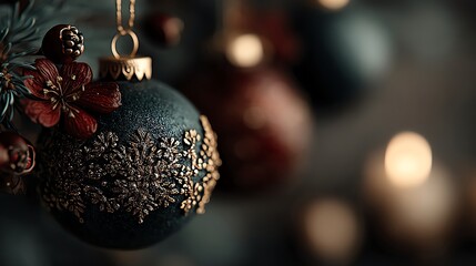 Elegant Christmas baubles featuring intricate designs, with a warm bokeh background, evoke festive coziness and holiday spirit, perfect for seasonal decorations and celebrations.