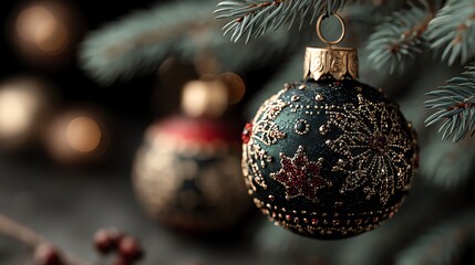 Elegantly decorated Christmas ornaments hanging on a pine tree, capturing the festive spirit with intricate designs and soft lighting, perfect for holiday-themed imagery.