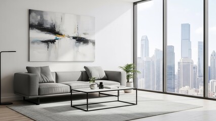 Modern living room with a minimalist aesthetic and a stunning city view from large windows.