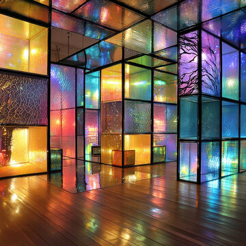 Infinity mirror chamber with psychedelic light show installation