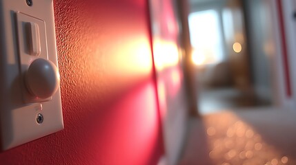 Soft sunlight casts a warm glow on a hallway with a dimmer switch, creating a cozy ambiance and highlighting modern interior design details.