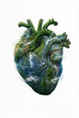 Vibrant green heart shaped earth with lush forests and blue oceans symbolizing environmental love