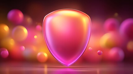Vibrant digital artwork featuring a glowing pink shield amidst colorful spheres, creating a modern and dynamic visual design.