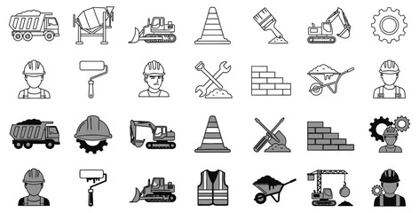 Collection of construction and engineering icons featuring machinery workers safety gear and building materials